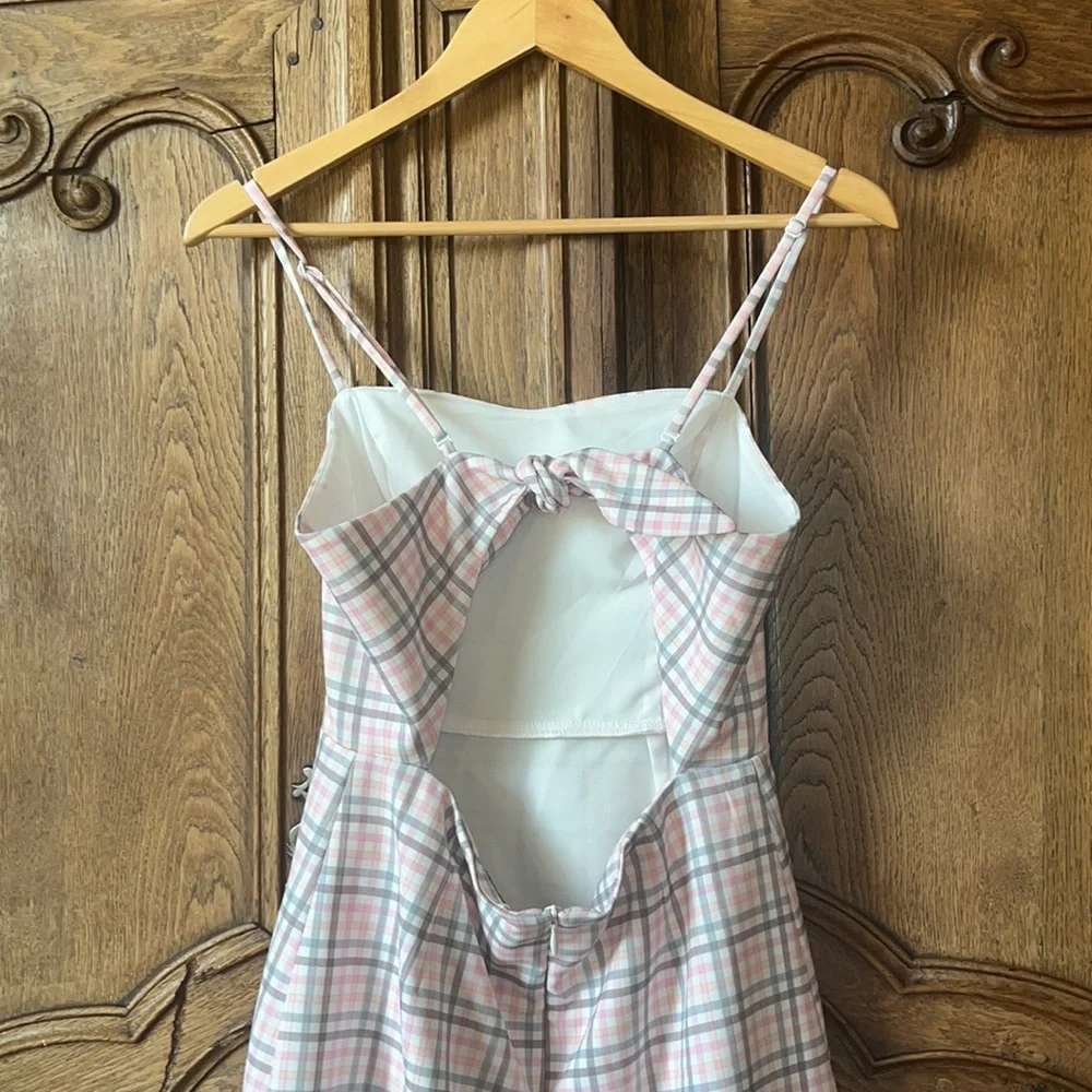 French Connection Yaki Whisper Gingham Sweetheart Tie Back Detail Mini Dress - Picture 8 of 12